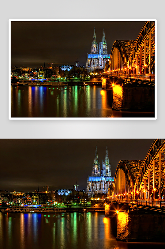 夜景桥梁教堂倒影-众图网