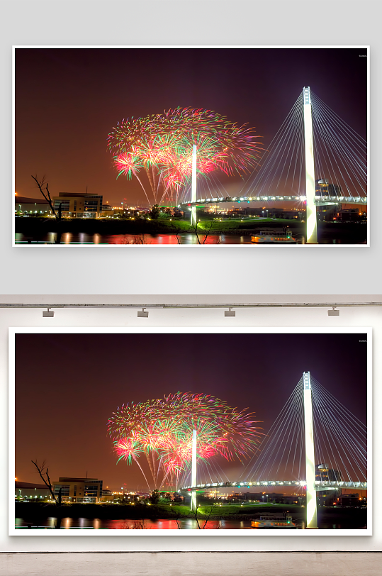夜景桥梁烟花绽放-众图网