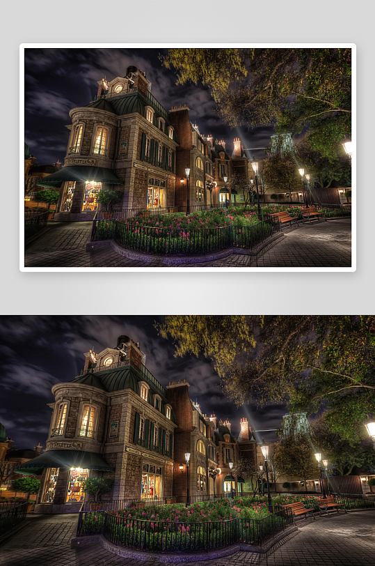 夜景欧式建筑与花坛-众图网