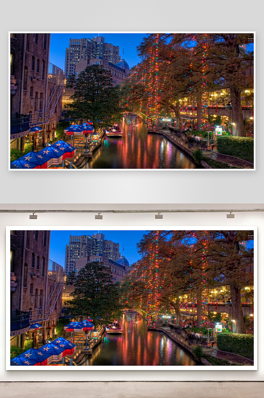 夜景河道灯光璀璨游船穿梭-众图网