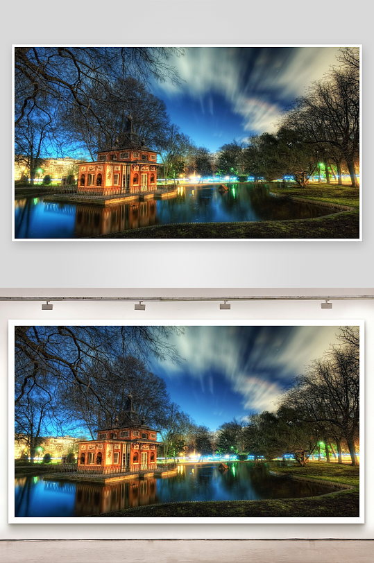 夜景湖畔亭台与梦幻云彩-众图网