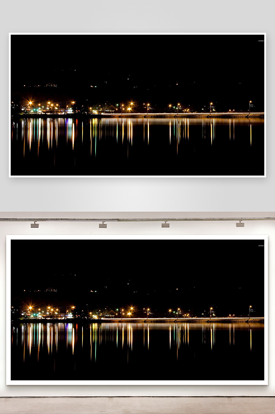 夜景灯光倒影水面-众图网