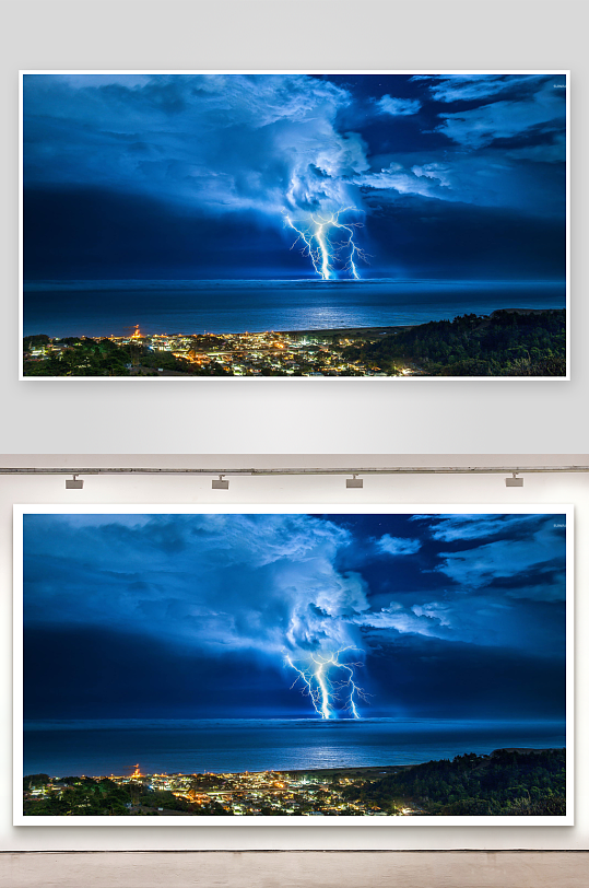 夜空闪电照亮海滨城市-众图网