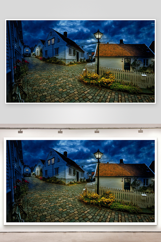 夜色下的石板小巷与房屋-众图网