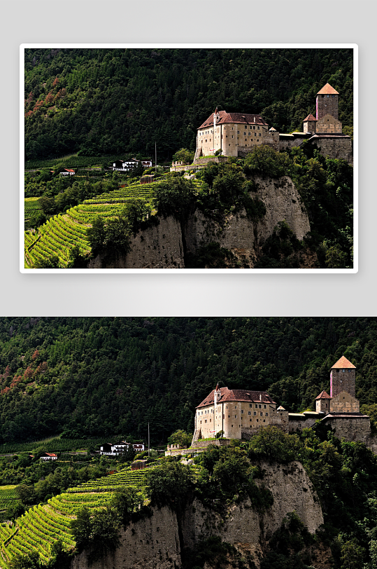 山崖古堡与梯田风光-众图网