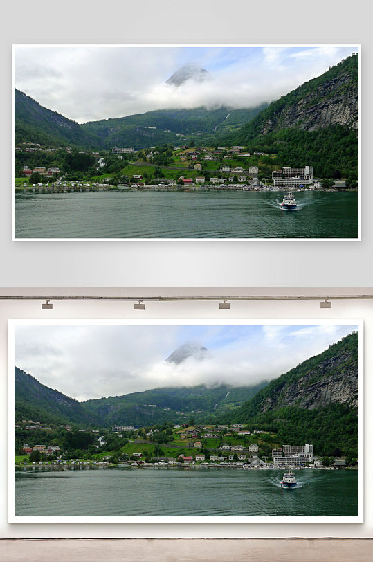 山水间小镇与游船风景-众图网