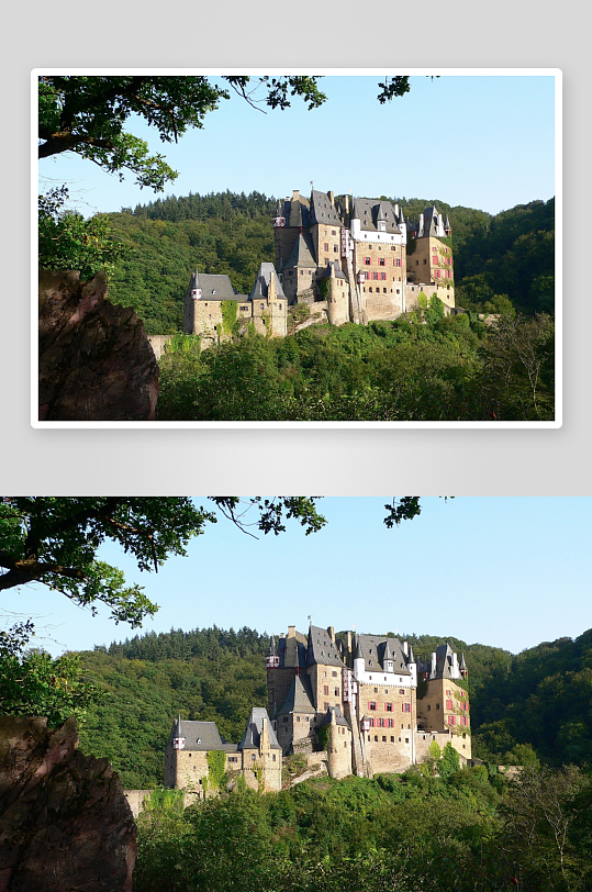 山间古堡绿树环绕景色-众图网