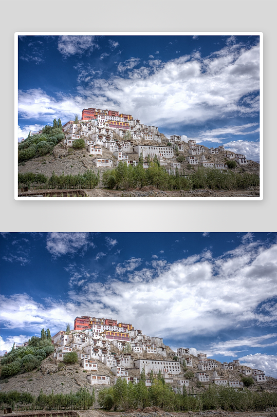 山间寺庙群落蓝天白云-众图网