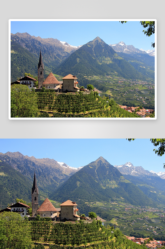 山间教堂与田园风光-众图网