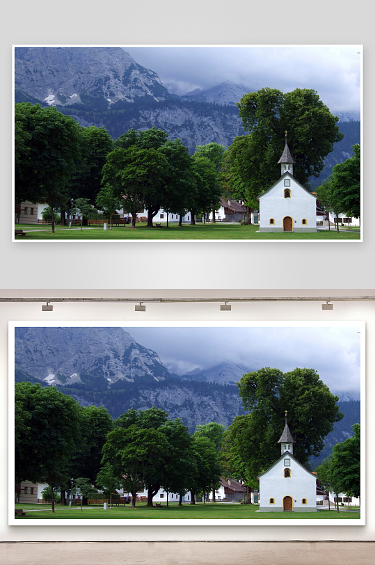 山间教堂绿树环绕宁静景色-众图网
