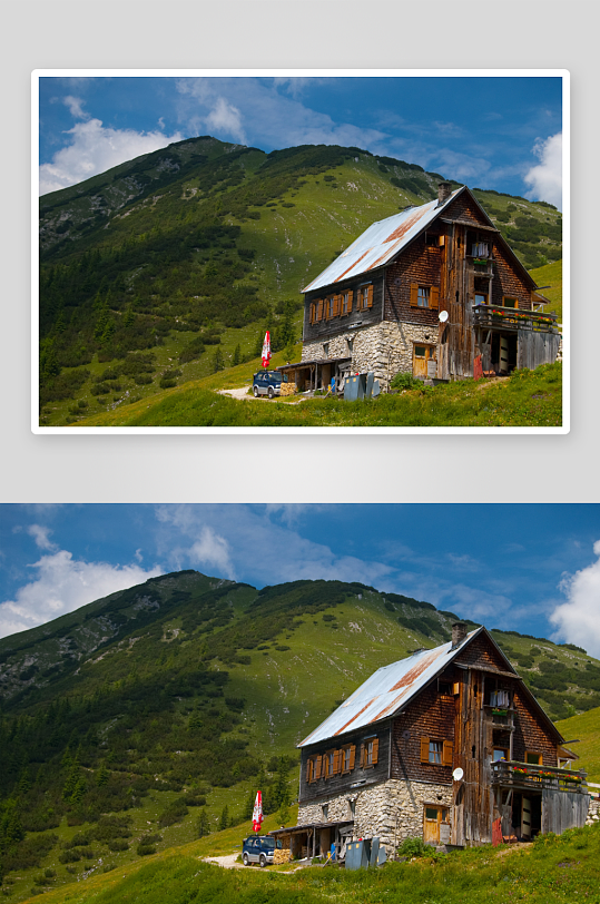 山间木屋与绿坡风光-众图网