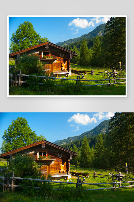 山间木屋与绿树环绕的宁静景色-众图网