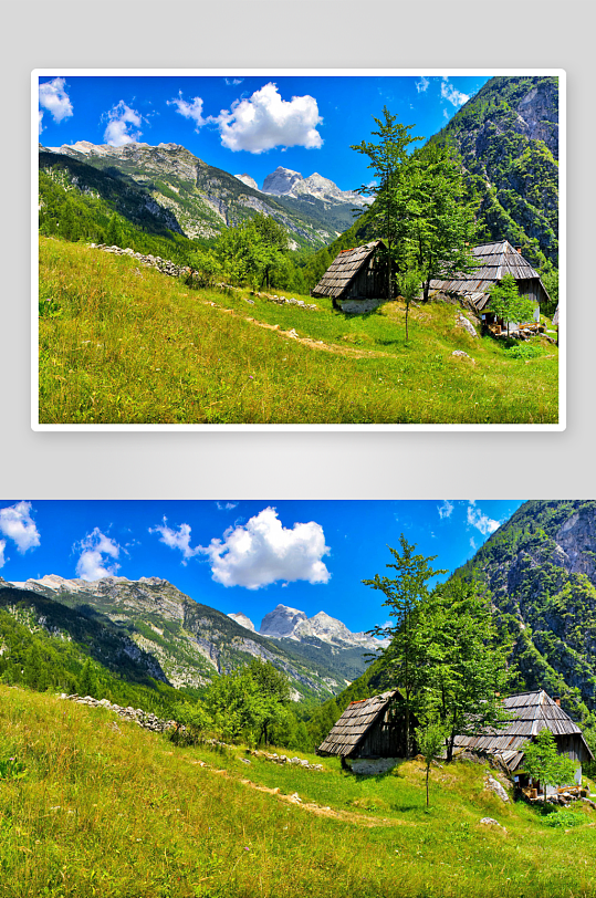 山间木屋与绿野风光-众图网