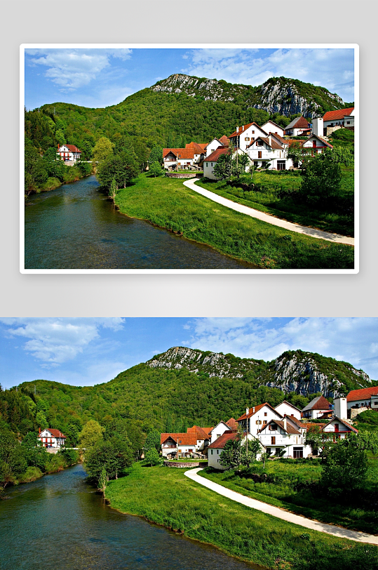 山间河流旁的村庄风光-众图网