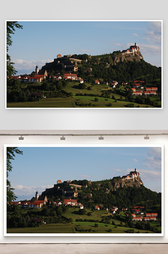 山顶古堡与山下村落全景-众图网