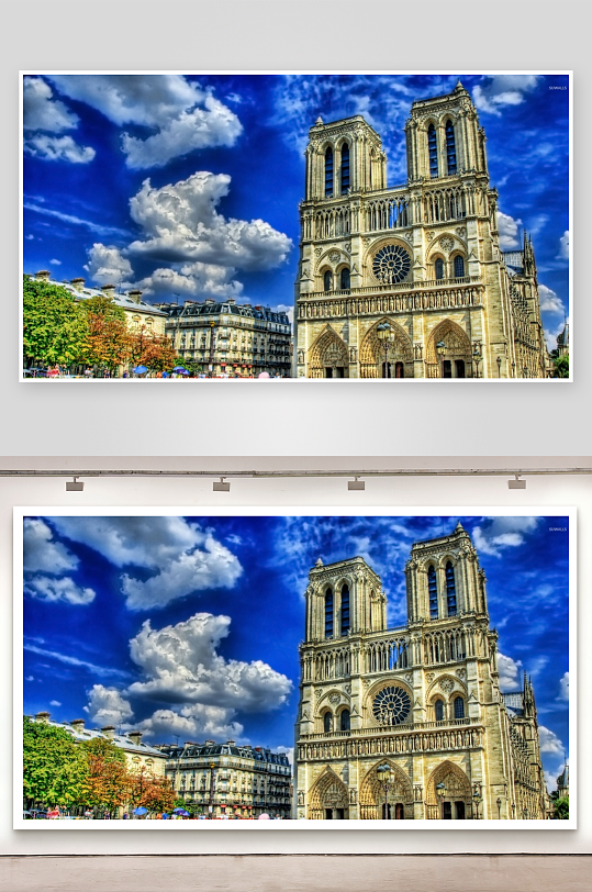 巴黎圣母院蓝天白云下的宏伟建筑-众图网