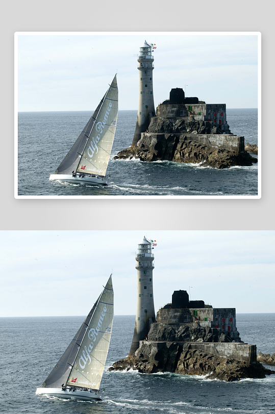 帆船航行灯塔岛屿旁-众图网