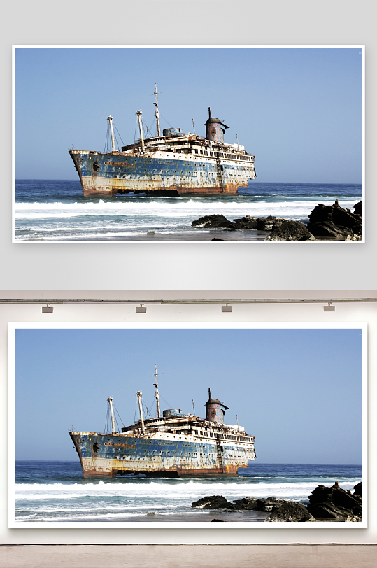 废弃轮船搁浅海滩-众图网