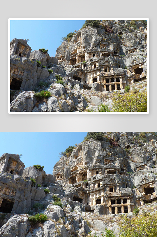 悬崖峭壁上的古代石窟建筑-众图网