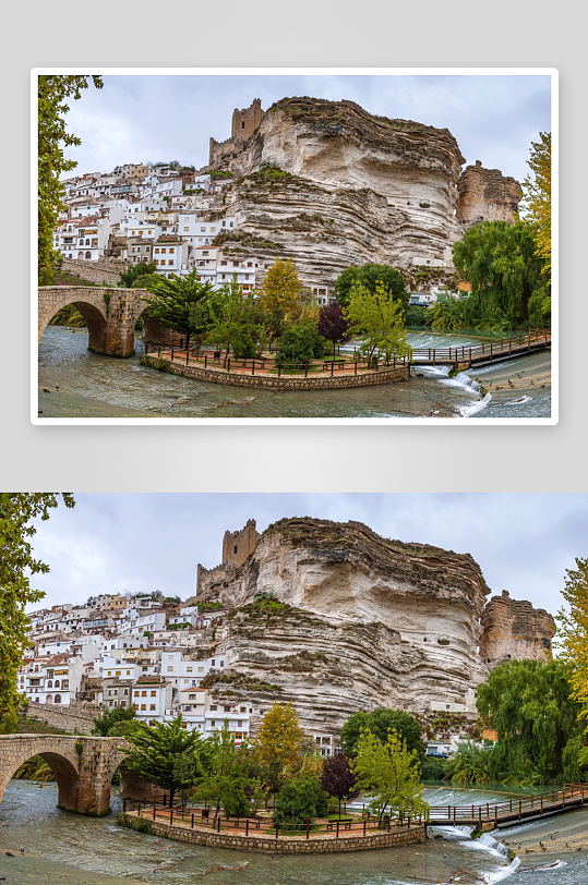 悬崖峭壁上的古镇与河流风光-众图网