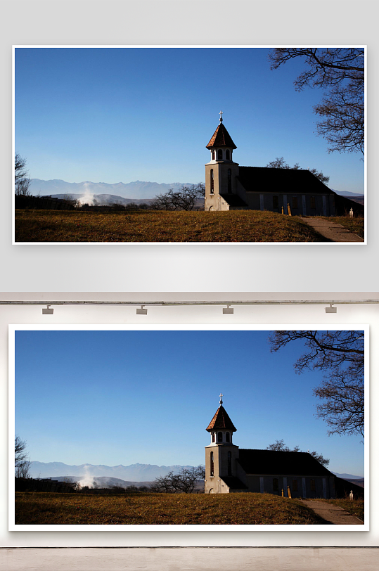 教堂矗立山间蓝天映衬-众图网