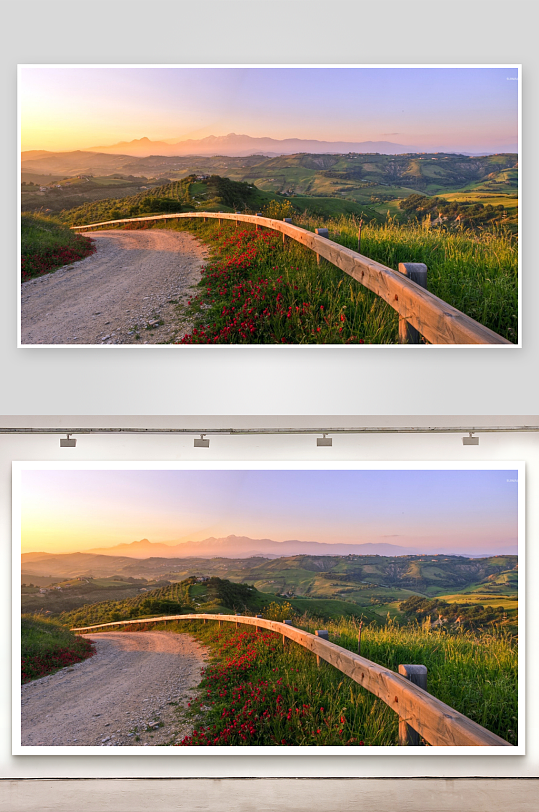 日落山间小径花丛美景-众图网