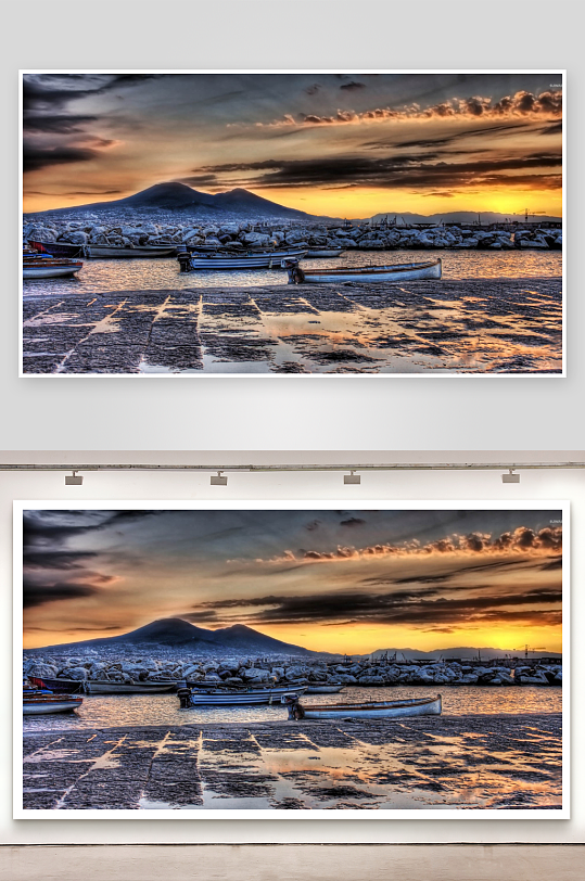 日落时分的港口与火山-众图网