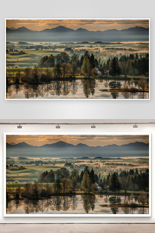 晨雾山林湖畔静谧风光-众图网