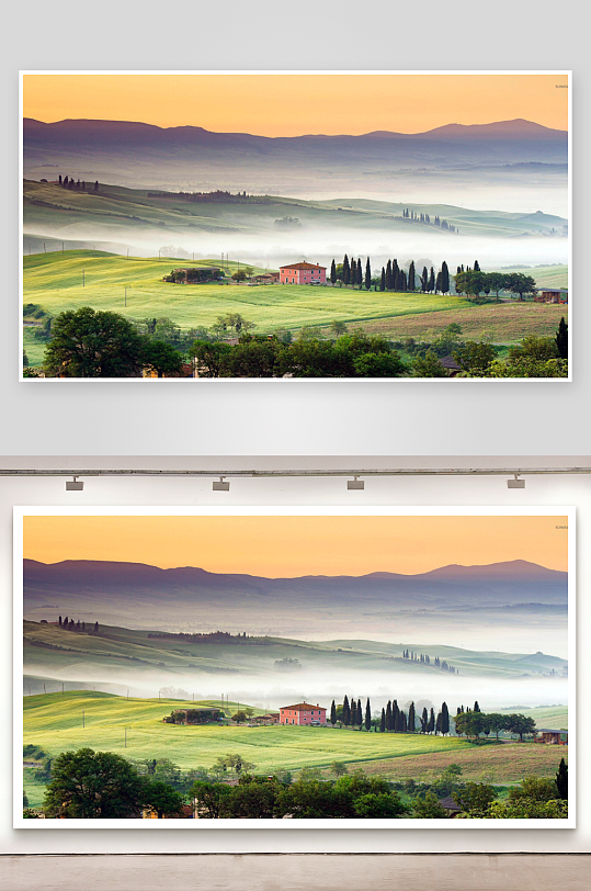 晨雾笼罩的田园风光-众图网