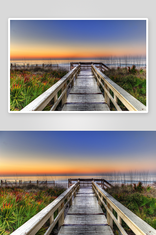 木栈道通向海边日落美景-众图网