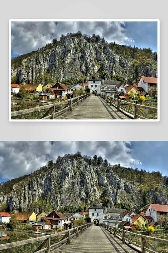 木桥连接山脚下的彩色房屋-众图网