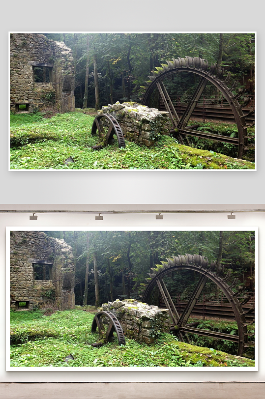 森林废墟中的古老水车-众图网