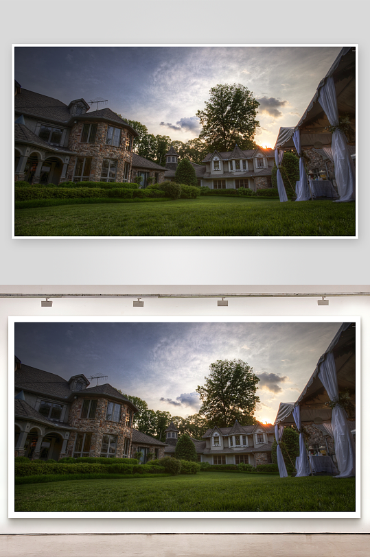 欧式庄园夕阳下的庭院景象-众图网
