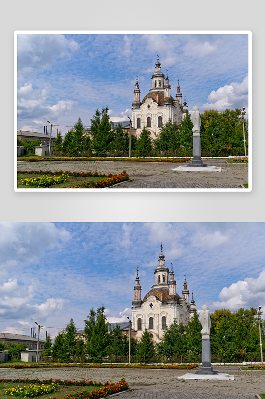 欧式教堂与广场雕像风景-众图网