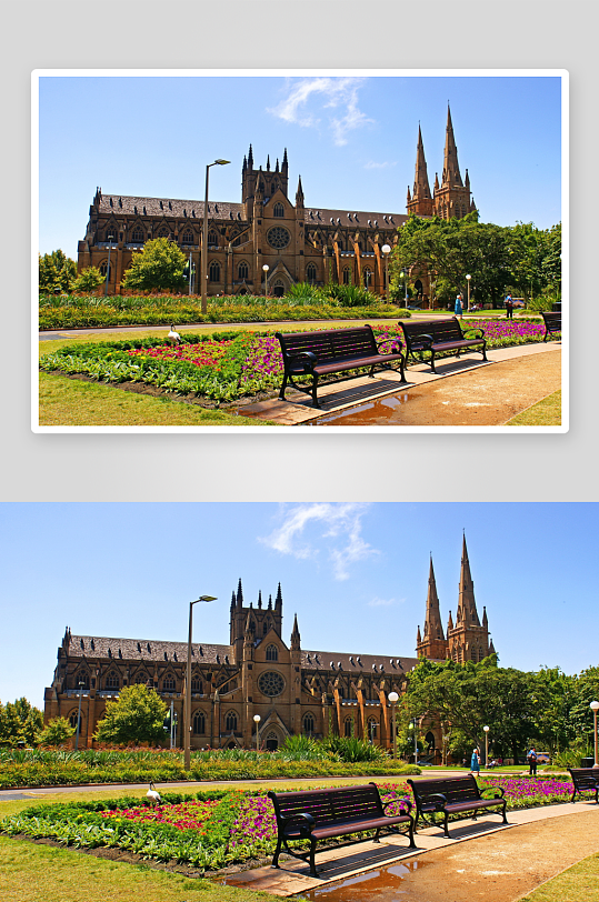 欧式教堂前的花坛长椅-众图网