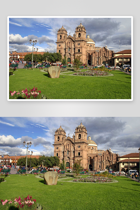 欧式教堂广场绿意盎然游人如织-众图网