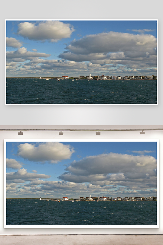 海滨城镇风光蓝天白云-众图网