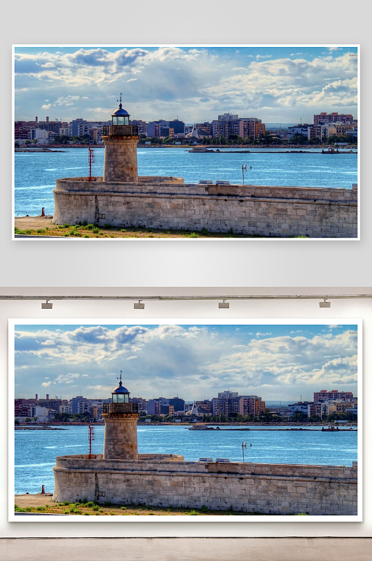 海滨灯塔与城市风光-众图网