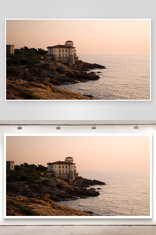 海边悬崖古堡日落景象-众图网