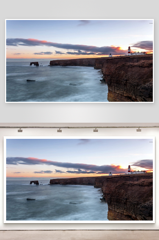 海边悬崖灯塔日落美景-众图网