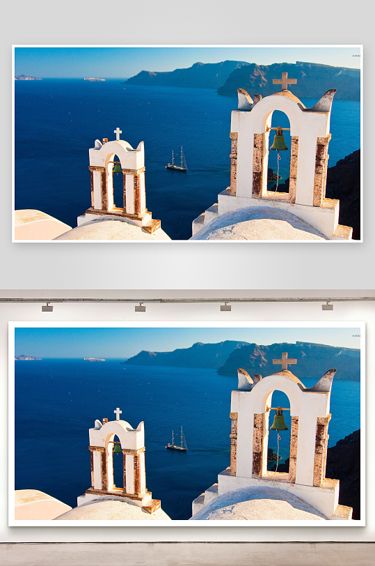 海边教堂钟楼与帆船风景-众图网