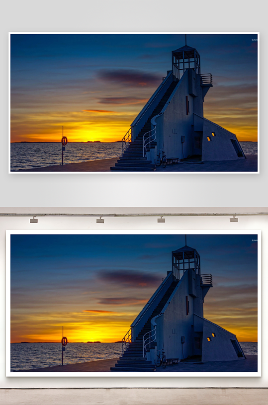 海边灯塔日落美景-众图网