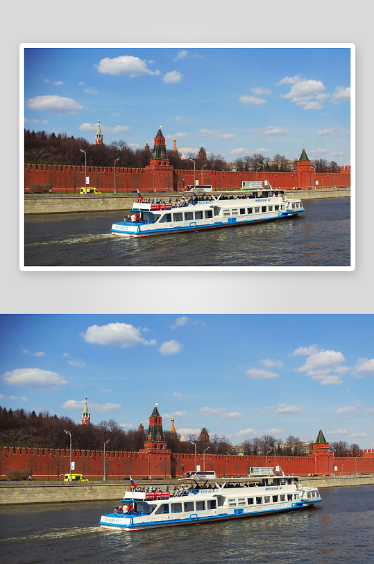 游船驶过红色城墙河流-众图网