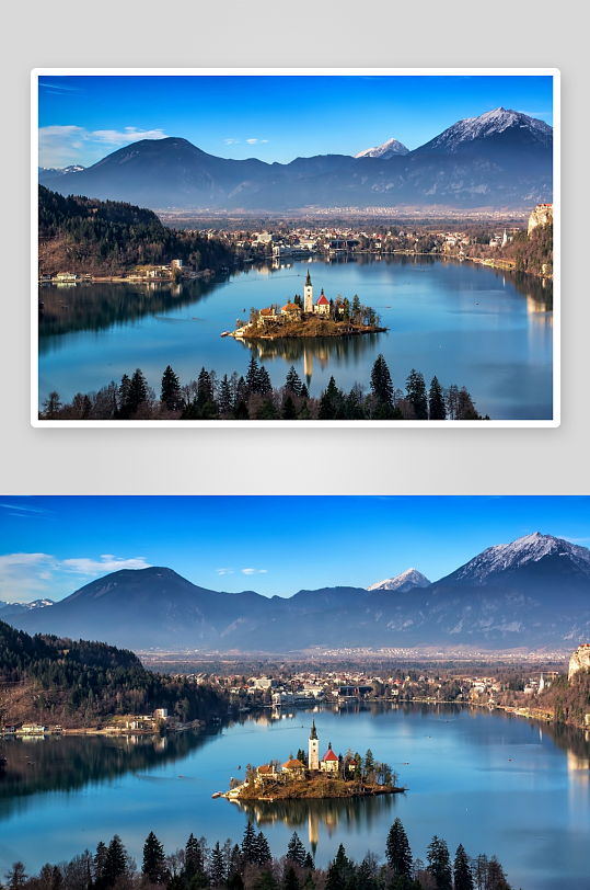 湖中小岛教堂与雪山美景-众图网