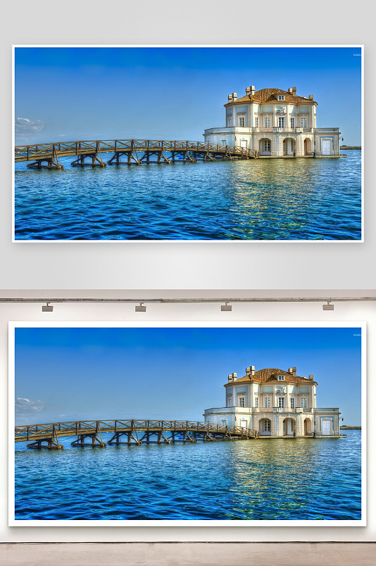 湖中欧式建筑与木质栈桥-众图网