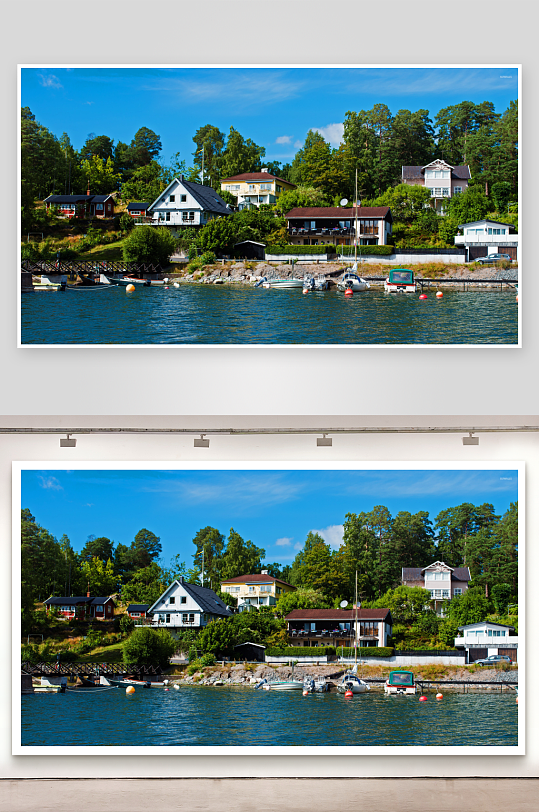 湖畔别墅与停泊小船-众图网