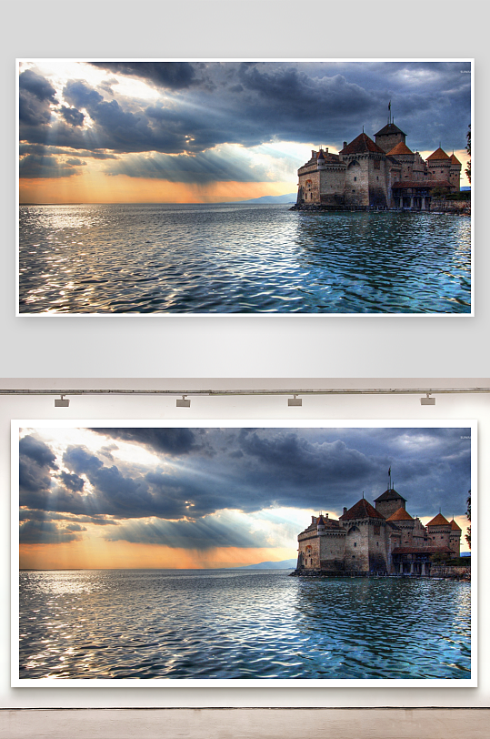 湖畔古堡夕阳云影-众图网