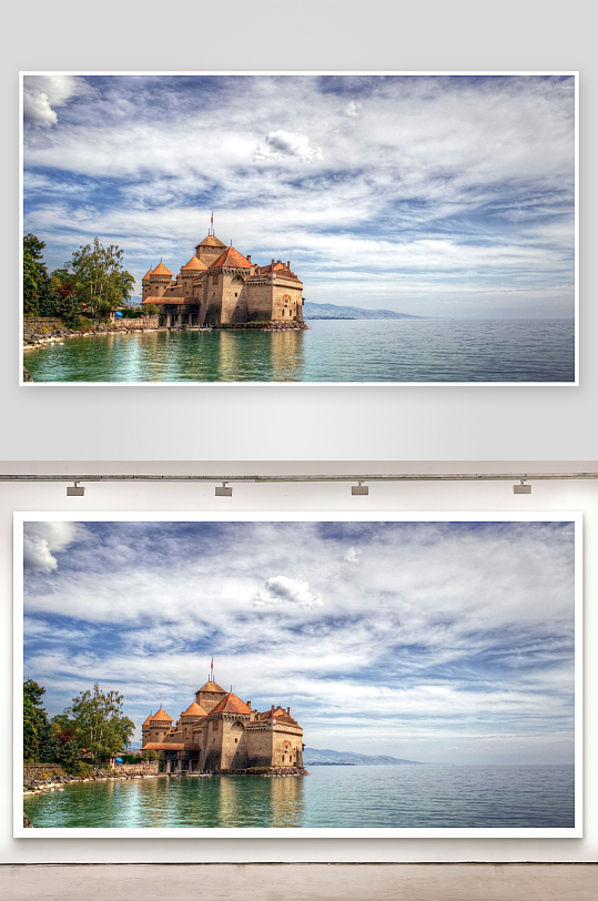 湖畔古堡映蓝天白云-众图网