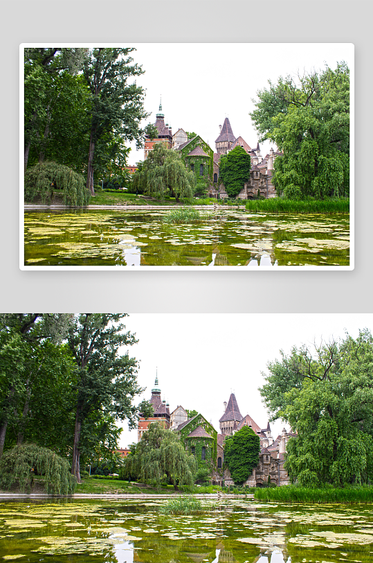 湖畔古堡绿树成荫景色宜人-众图网