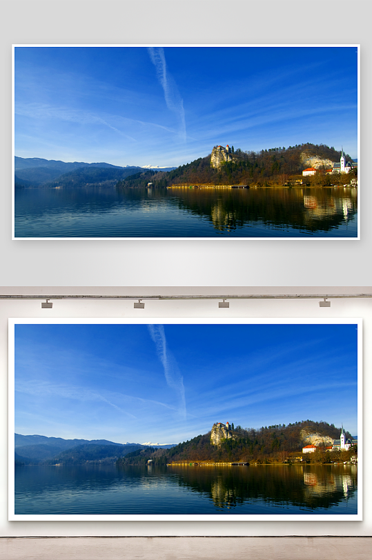 湖畔城堡与教堂风景-众图网